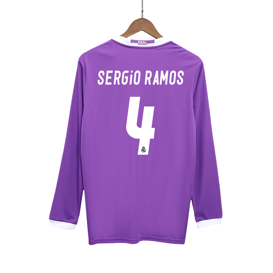 Retro SERGIO RAMOS #4 Real Madrid Mens Away Long Sleeve Soccer Jersey 2016/17 Purple