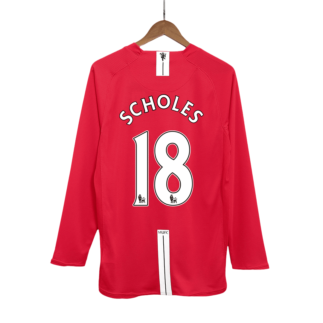 Retro SCHOLES #18 Manchester United Mens Home Long Sleeve Soccer Jersey 2007/08 Red