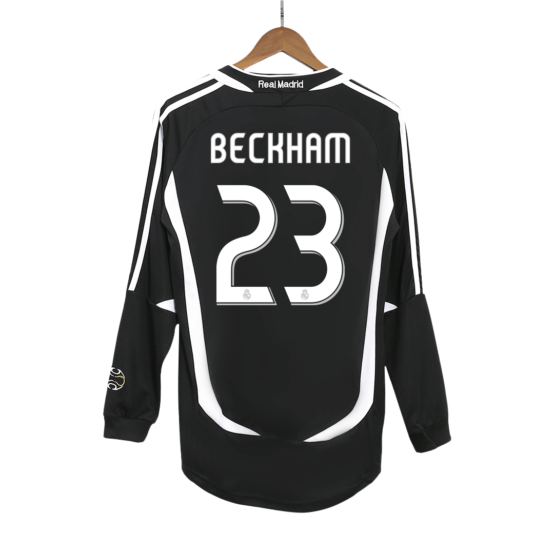 Retro BECKHAM #23 Real Madrid Mens Away Long Sleeve Soccer Jersey 2006/07 Black