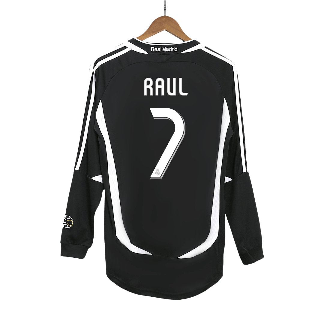 Retro RAUL #7 Real Madrid Mens Away Long Sleeve Soccer Jersey 2006/07 Black