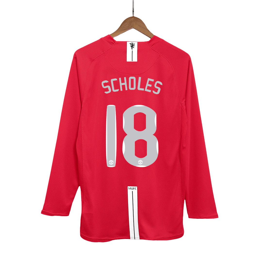 Retro SCHOLES #18 Manchester United Mens Home Long Sleeve Soccer Jersey UCL Final UCL 2007/08 Red