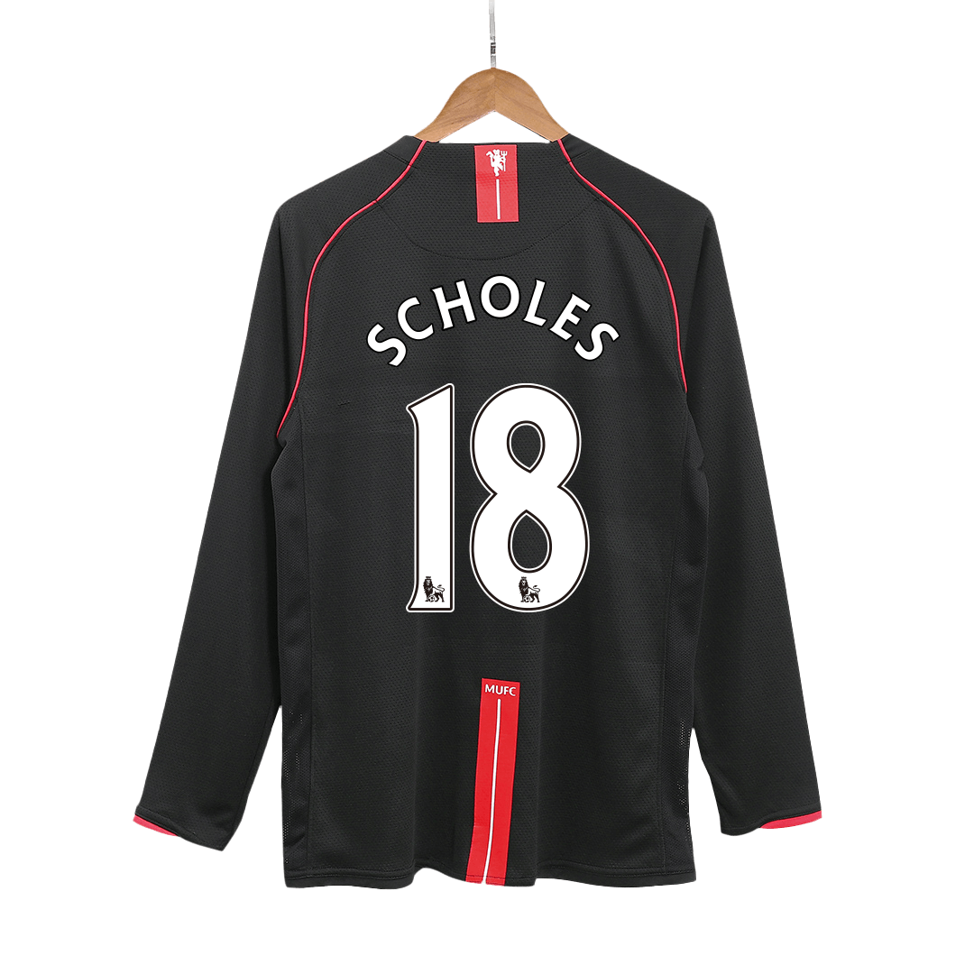 Retro SCHOLES #18 Manchester United Mens Away Long Sleeve Soccer Jersey 2007/08 Black
