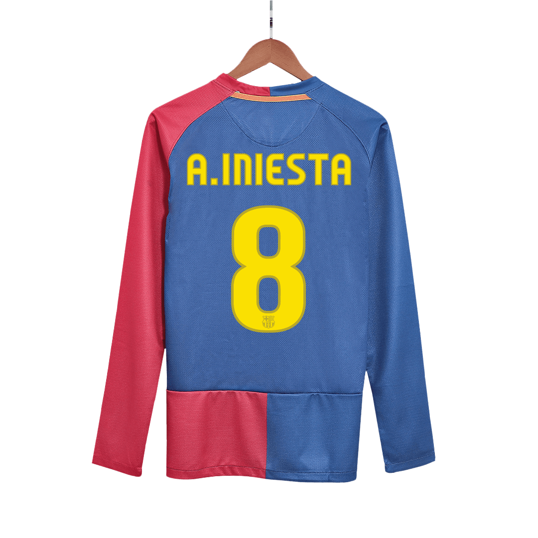 Retro A.INIESTA #8 Barcelona Mens Home Long Sleeve Soccer Jersey UCL Final UCL 2008/09 Red&Blue