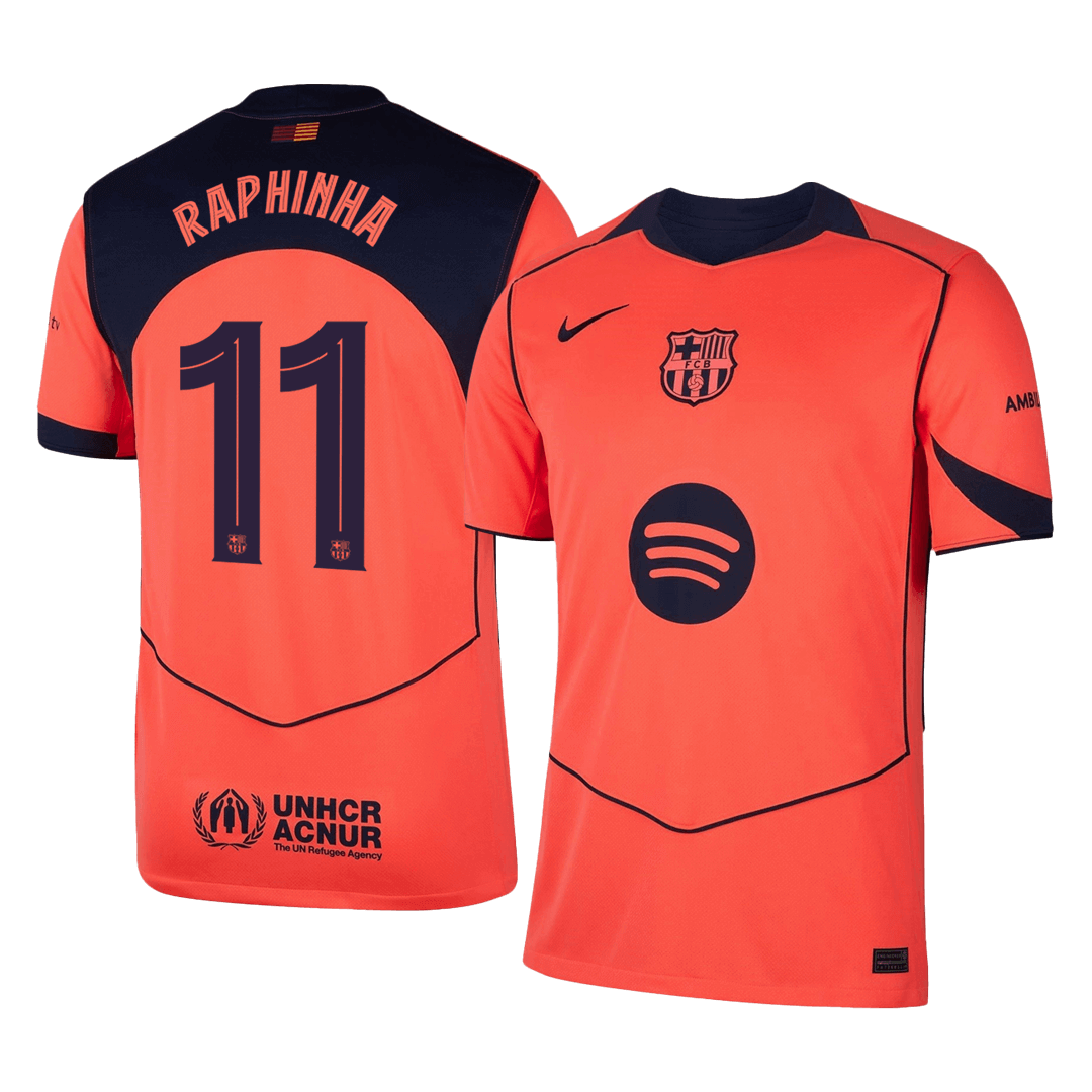 RAPHINHA #11 Barcelona Mens Third Away Soccer Jersey UCL 2025/26 Orange
