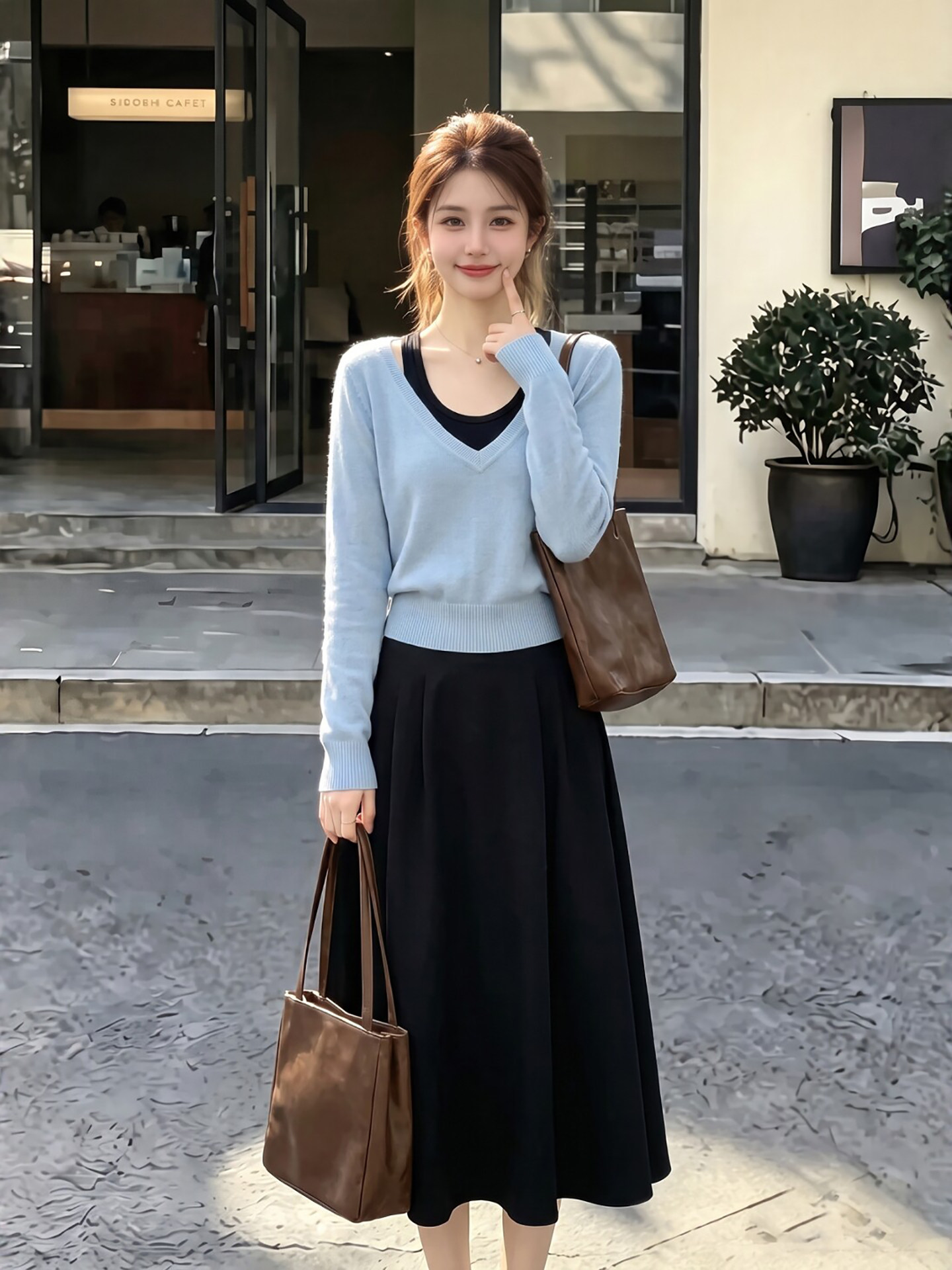 知性優雅風套裝｜霧藍色V領長袖針織衫｜黑色高腰A字過膝半身長裙