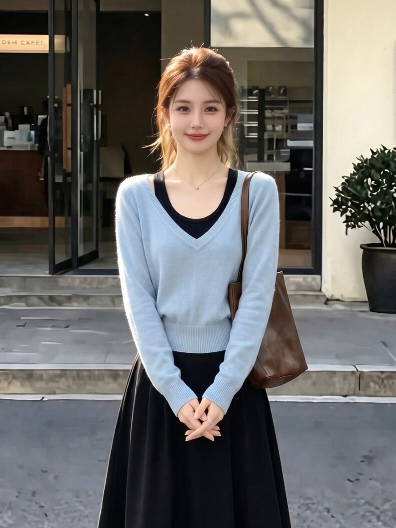 知性優雅風套裝｜霧藍色V領長袖針織衫｜黑色高腰A字過膝半身長裙