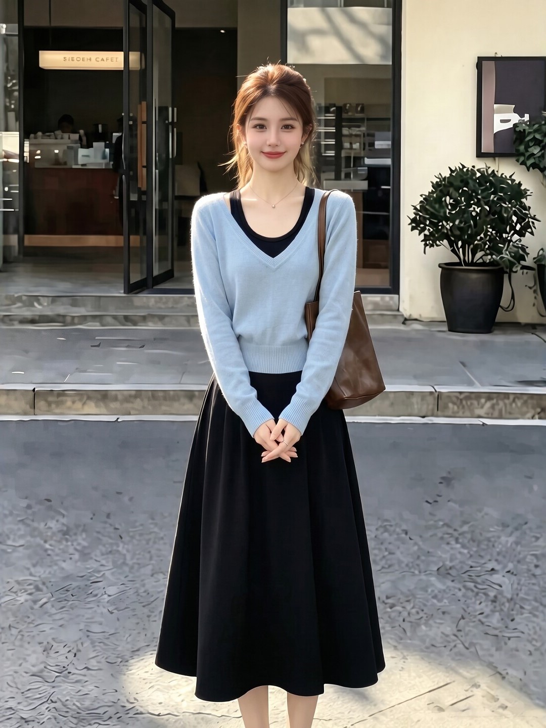 知性優雅風套裝｜霧藍色V領長袖針織衫｜黑色高腰A字過膝半身長裙