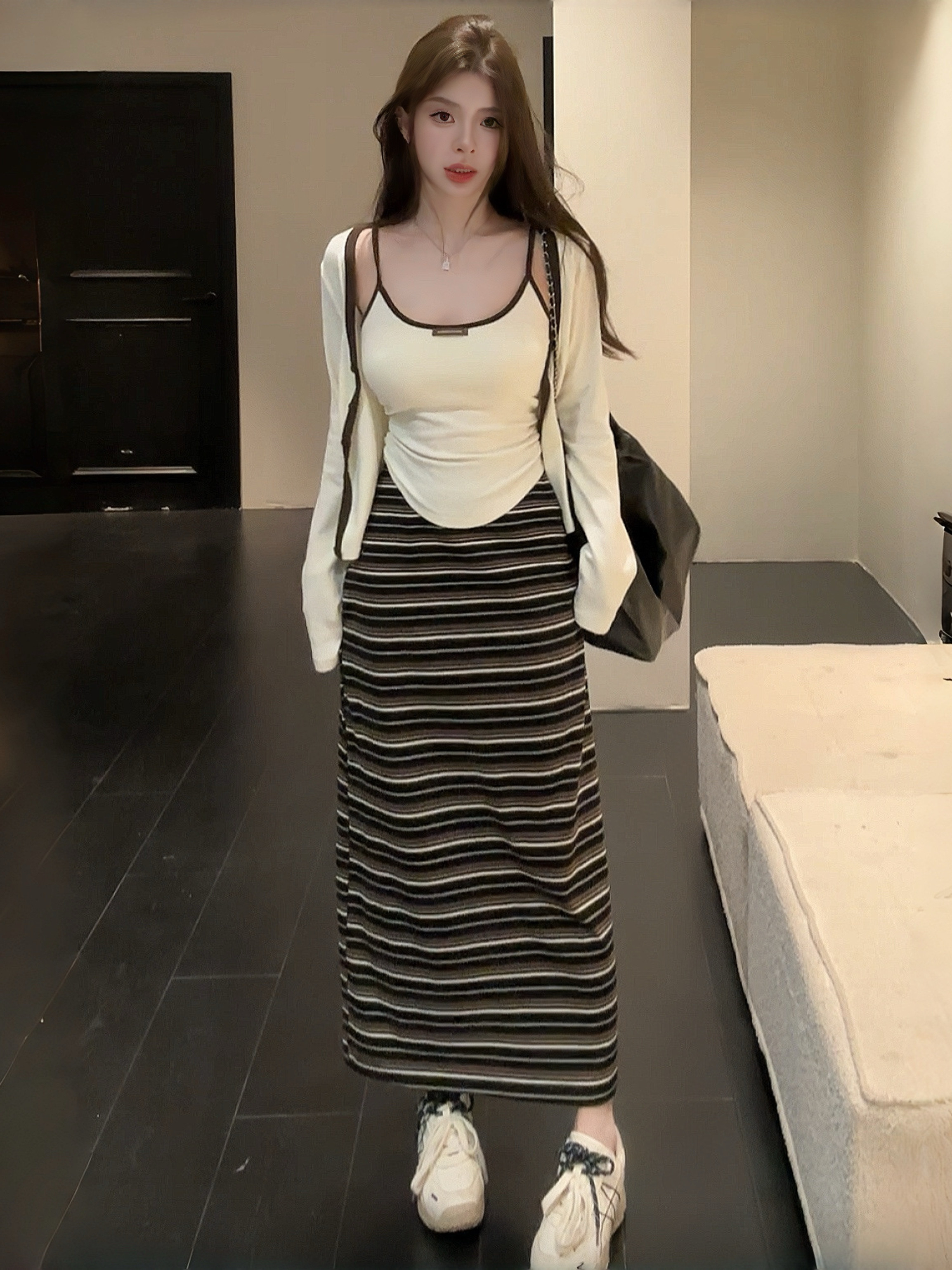 早秋韓系成套穿搭丨純欲撞色吊帶開衫丨條紋半身裙