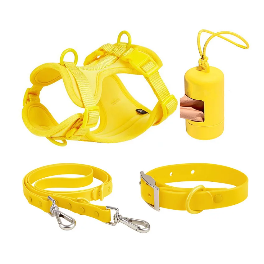 PVC Pet 4-Piece Set Adjustable Pet Collar Dog Harness Dog Leash Portable Waste Bag Dispenser XS S M L for Small to Large Dogs-MOXMALL