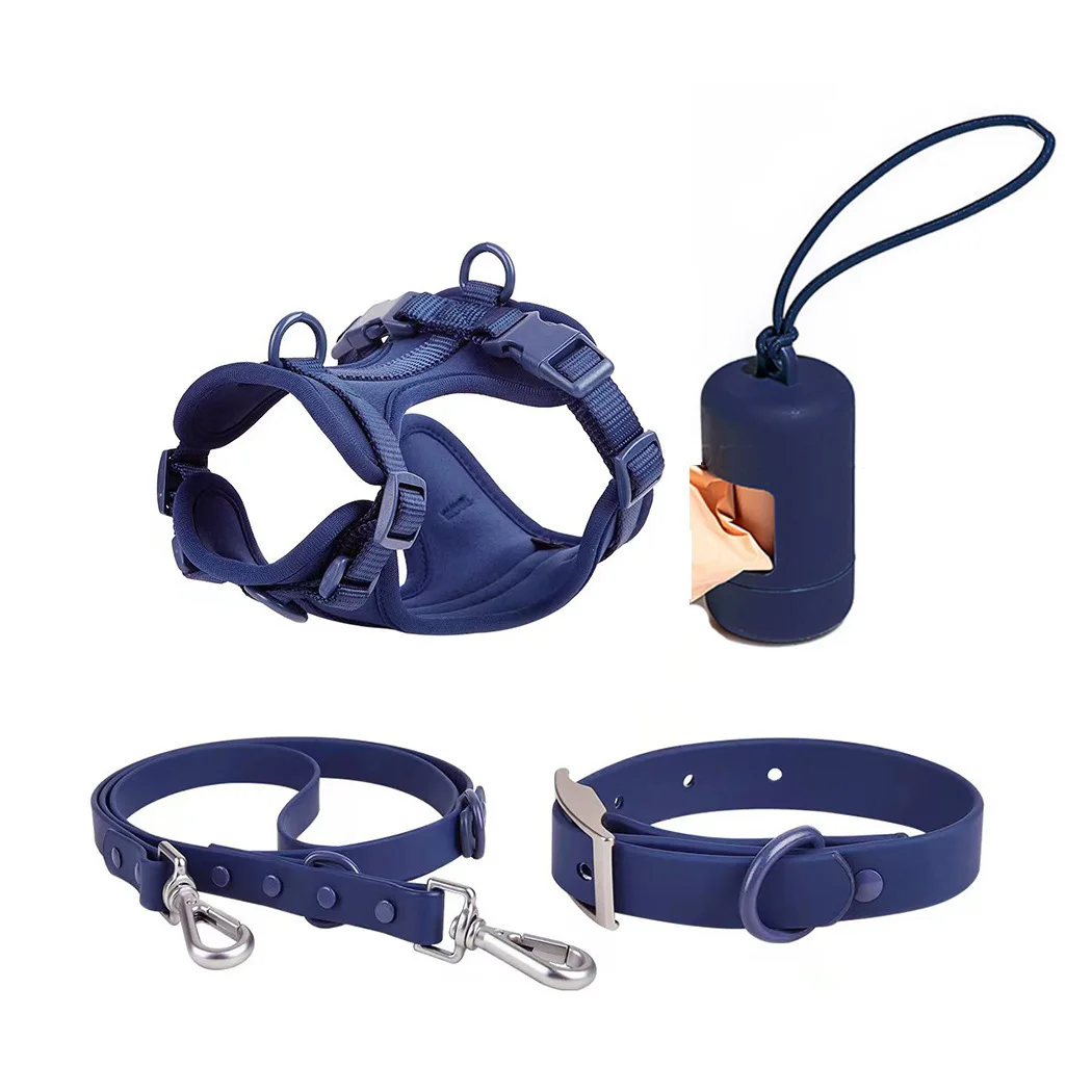 PVC Pet 4-Piece Set Adjustable Pet Collar Dog Harness Dog Leash Portable Waste Bag Dispenser XS S M L for Small to Large Dogs-MOXMALL