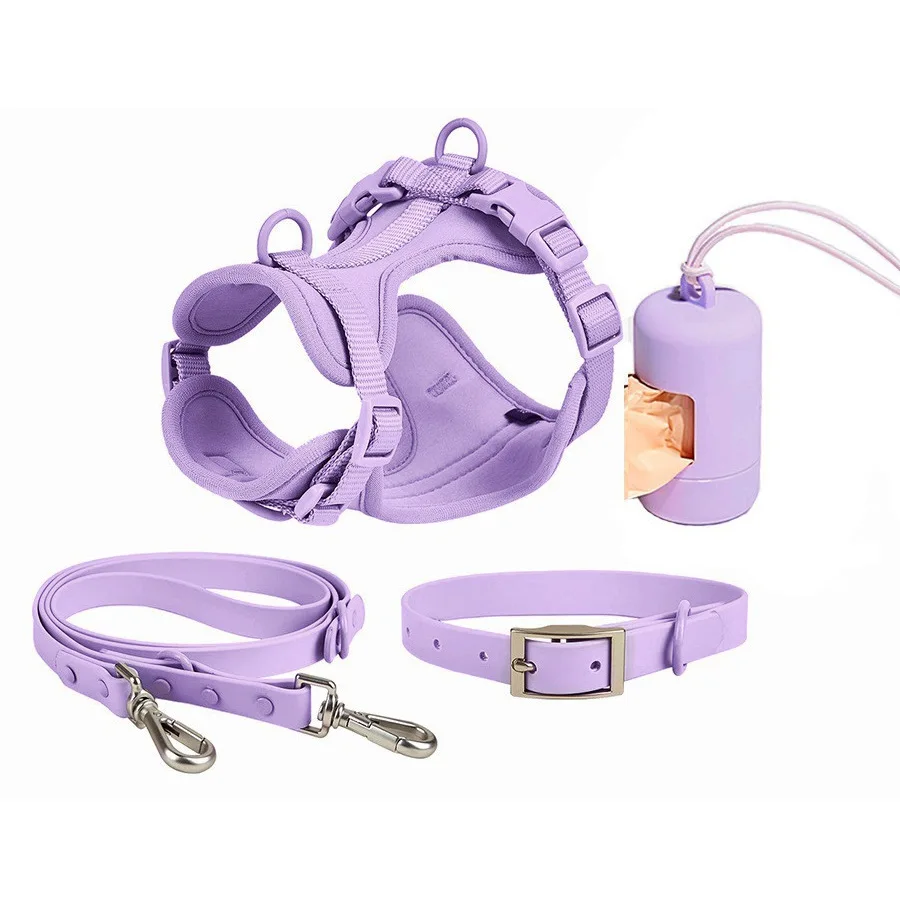 PVC Pet 4-Piece Set Adjustable Pet Collar Dog Harness Dog Leash Portable Waste Bag Dispenser XS S M L for Small to Large Dogs-MOXMALL