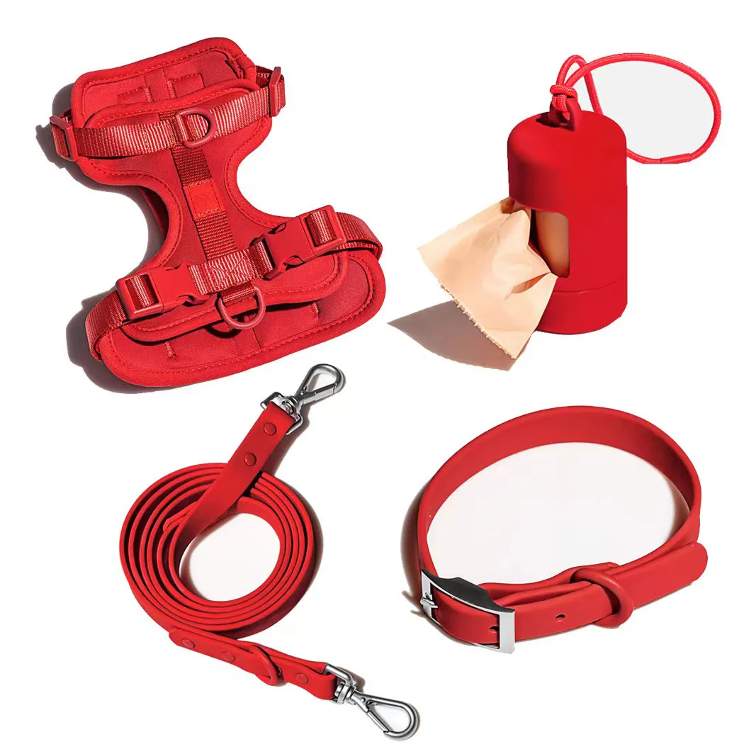 PVC Pet 4-Piece Set Adjustable Pet Collar Dog Harness Dog Leash Portable Waste Bag Dispenser XS S M L for Small to Large Dogs-MOXMALL