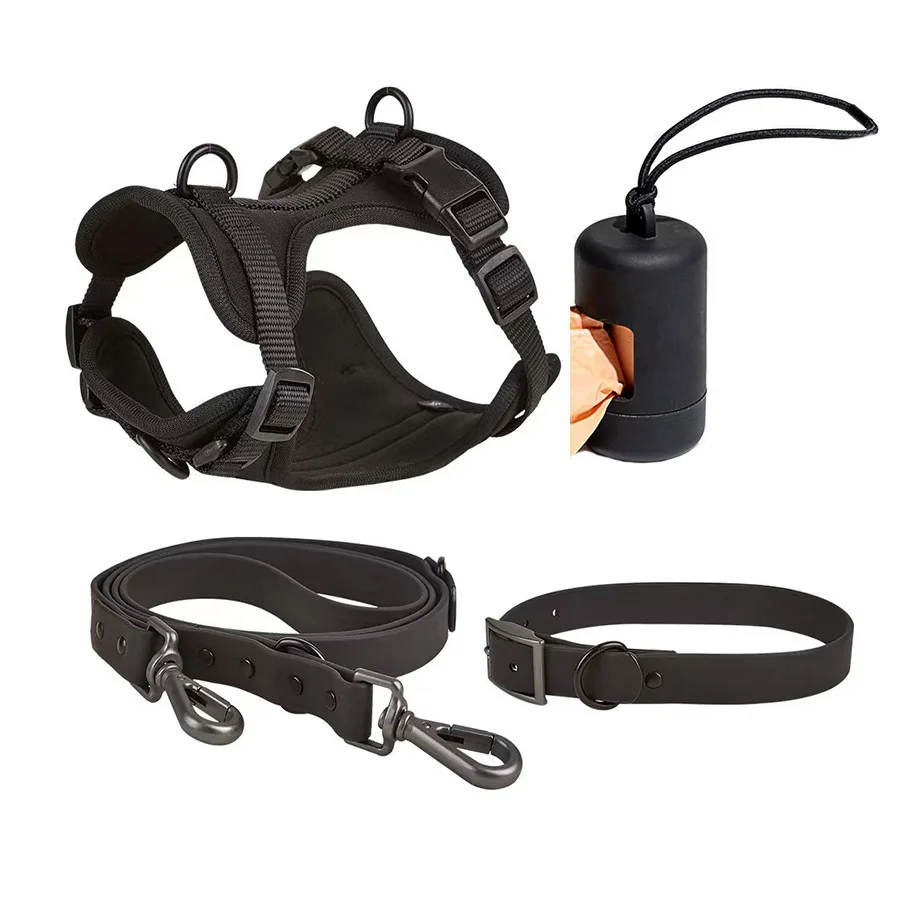 PVC Pet 4-Piece Set Adjustable Pet Collar Dog Harness Dog Leash Portable Waste Bag Dispenser XS S M L for Small to Large Dogs-MOXMALL