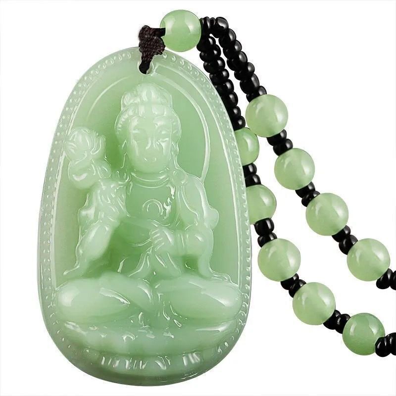 Warm, light green jade Bodhisattva pendant necklace, unisex, guardian deity, Buddhist artifact, Guanyin Buddha pendant with beaded chain.