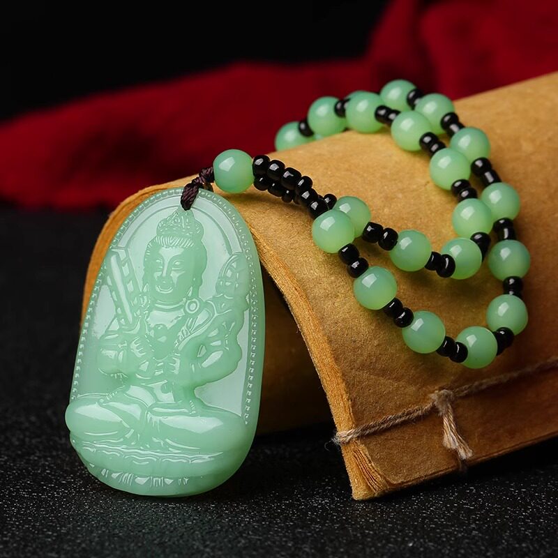 Warm, light green jade Bodhisattva pendant necklace, unisex, guardian deity, Buddhist artifact, Guanyin Buddha pendant with beaded chain.