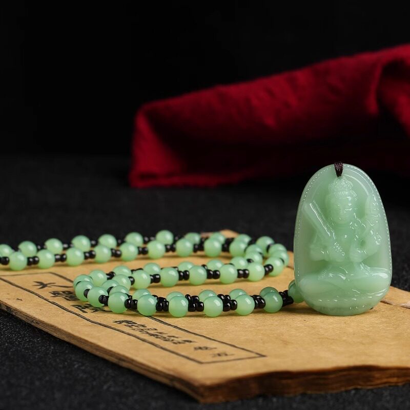Warm, light green jade Bodhisattva pendant necklace, unisex, guardian deity, Buddhist artifact, Guanyin Buddha pendant with beaded chain.