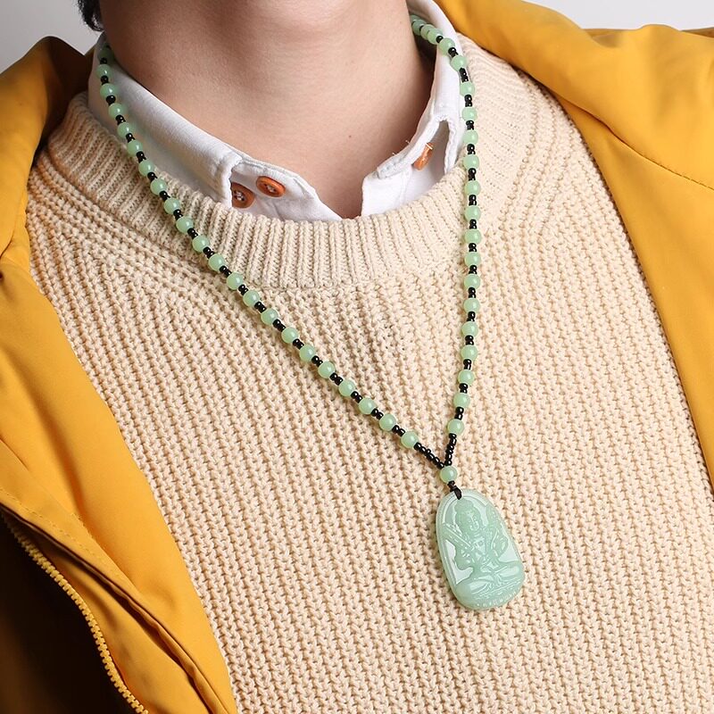 Warm, light green jade Bodhisattva pendant necklace, unisex, guardian deity, Buddhist artifact, Guanyin Buddha pendant with beaded chain.
