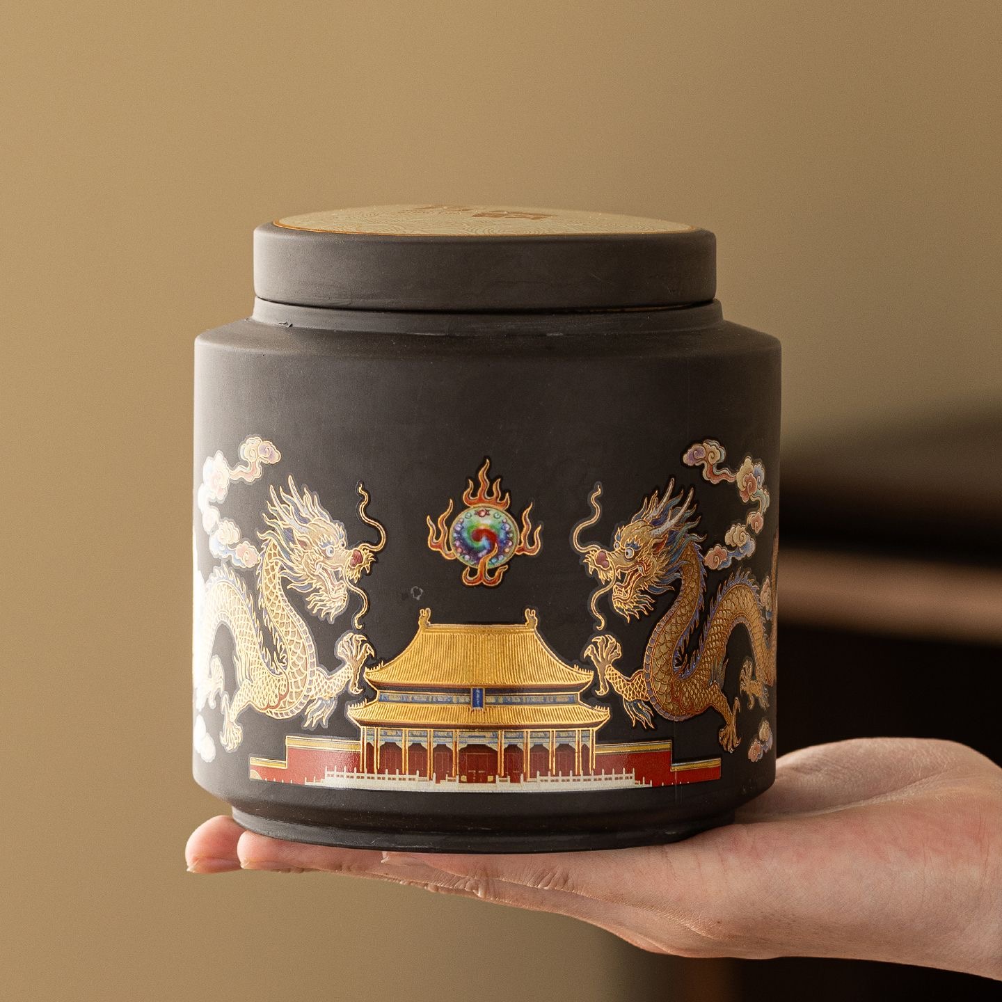 AuienTea Pu‑er Tea Gift Set, Twin Purple‑Clay Caddies with Dragon & Palace Motif, Chinese‑Style Flip‑Top Wooden Gift Box, Aged Ripe Pu‑er for Holiday & Business Gifting