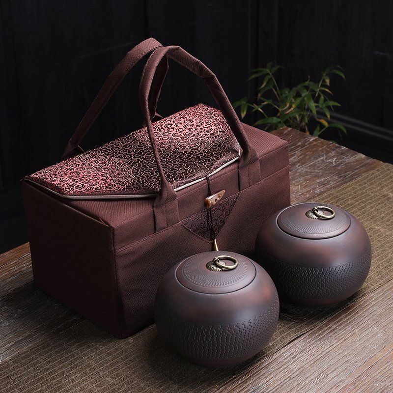 AuienTea Pu‑er Tea Gift Set, Twin Hand‑Carved Purple Pottery Caddies, Vintage Brocade Fabric Handbag, Aged Ripe Pu‑er for Holiday & Business Gifting