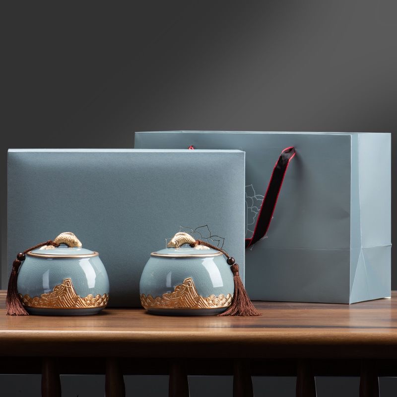 AuienTea Oolong Tea Gift Set, Twin Ge‑Yao Ceramic Caddies with Gilded Mountain‑Fish Knob, Luxury Hard Gift Box & Tote Bag, High‑Mountain Oolong for Holiday & Business Gifting
