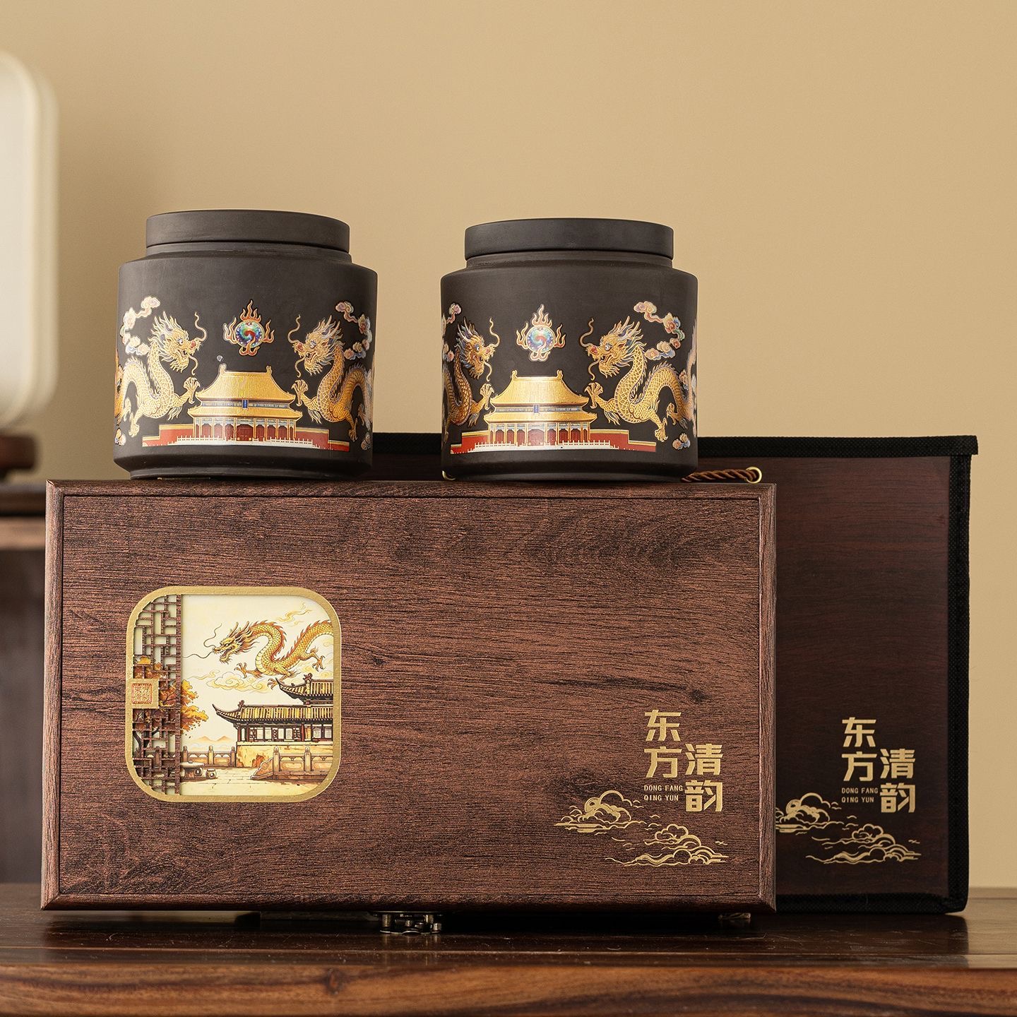 AuienTea Pu‑er Tea Gift Set, Twin Purple‑Clay Caddies with Dragon & Palace Motif, Chinese‑Style Flip‑Top Wooden Gift Box, Aged Ripe Pu‑er for Holiday & Business Gifting