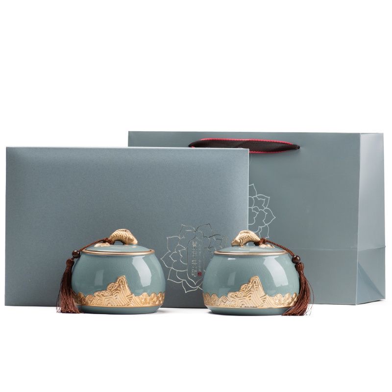AuienTea Oolong Tea Gift Set, Twin Ge‑Yao Ceramic Caddies with Gilded Mountain‑Fish Knob, Luxury Hard Gift Box & Tote Bag, High‑Mountain Oolong for Holiday & Business Gifting