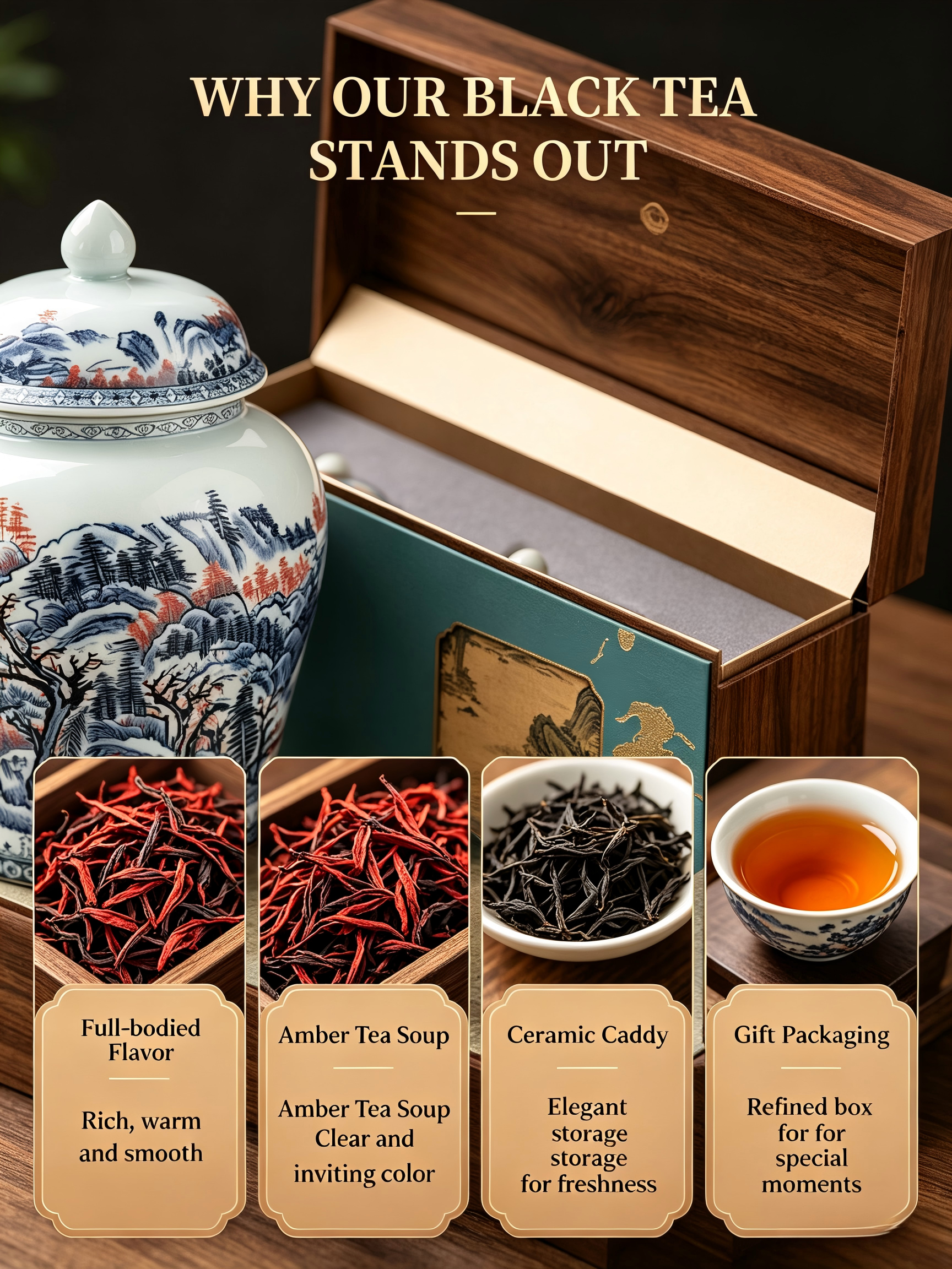 AuienTea Chinese Black Tea Gift Set, Double Blue‑White Porcelain Tea Caddies, Premium Wooden Gift Box, Ideal for Holiday & Business Gifting