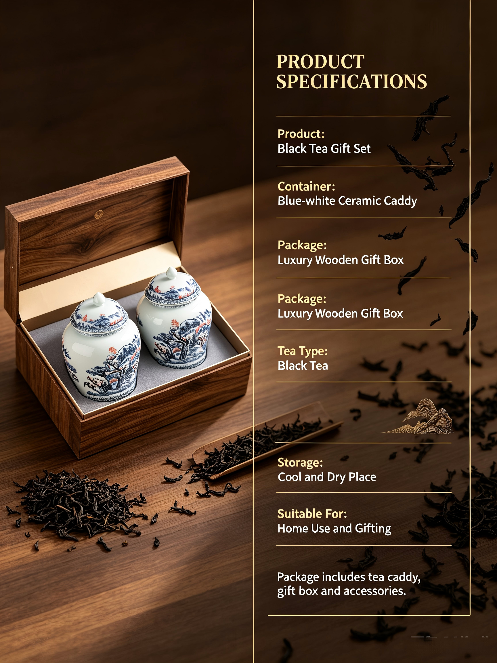 AuienTea Chinese Black Tea Gift Set, Double Blue‑White Porcelain Tea Caddies, Premium Wooden Gift Box, Ideal for Holiday & Business Gifting