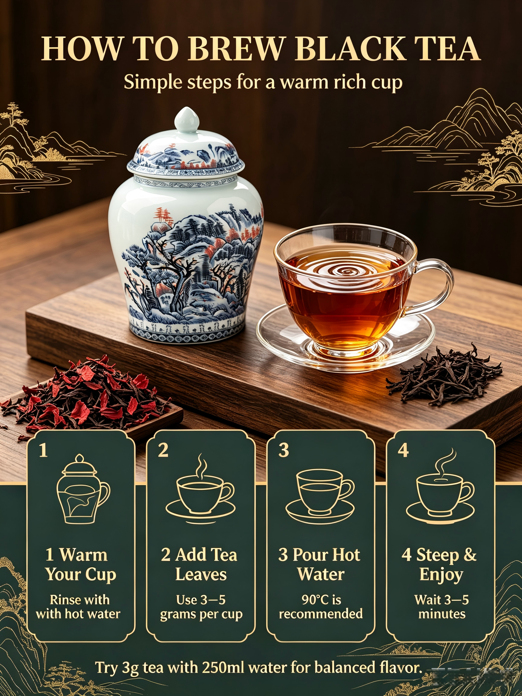 AuienTea Chinese Black Tea Gift Set, Double Blue‑White Porcelain Tea Caddies, Premium Wooden Gift Box, Ideal for Holiday & Business Gifting