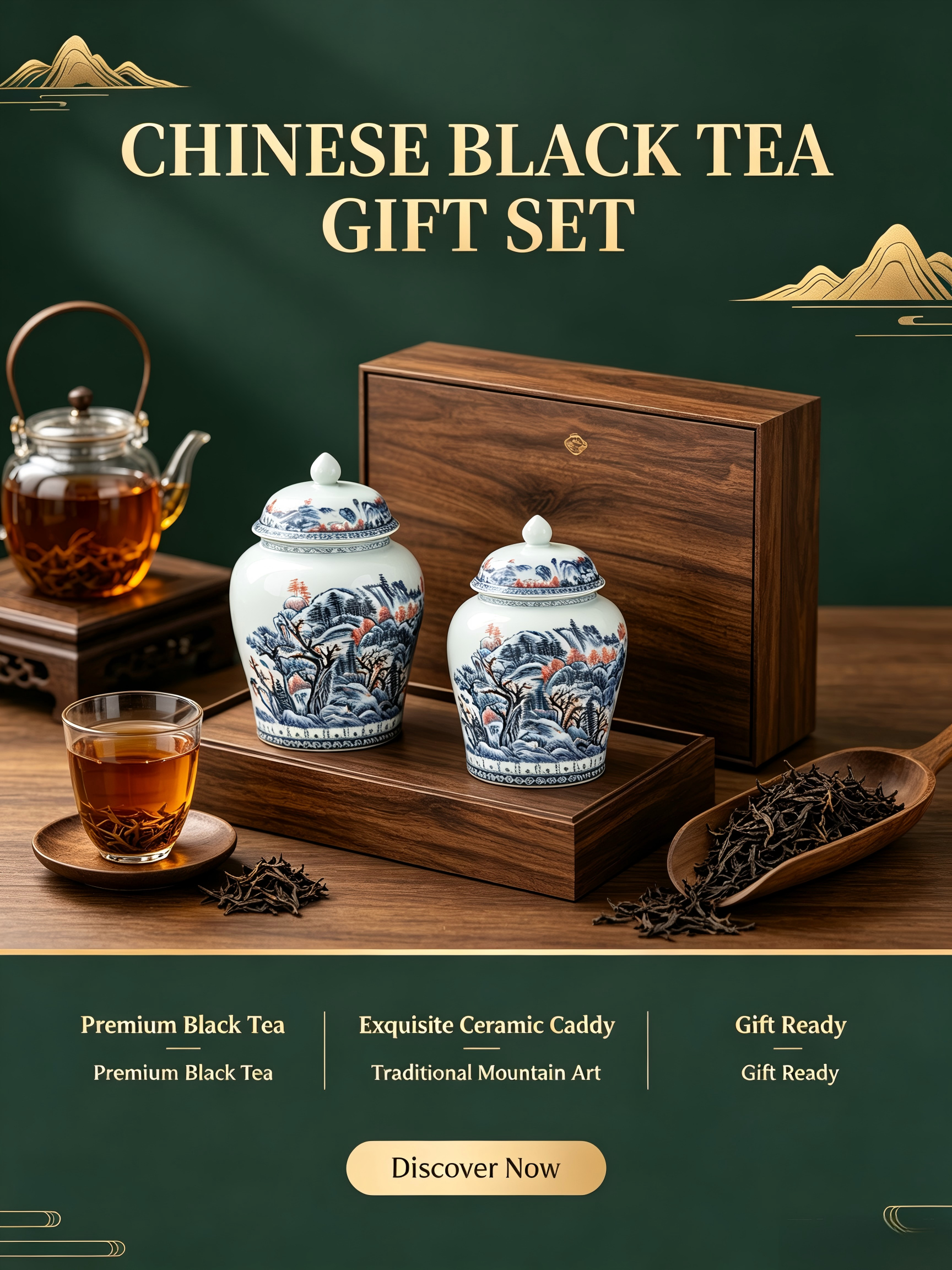 AuienTea Chinese Black Tea Gift Set, Double Blue‑White Porcelain Tea Caddies, Premium Wooden Gift Box, Ideal for Holiday & Business Gifting