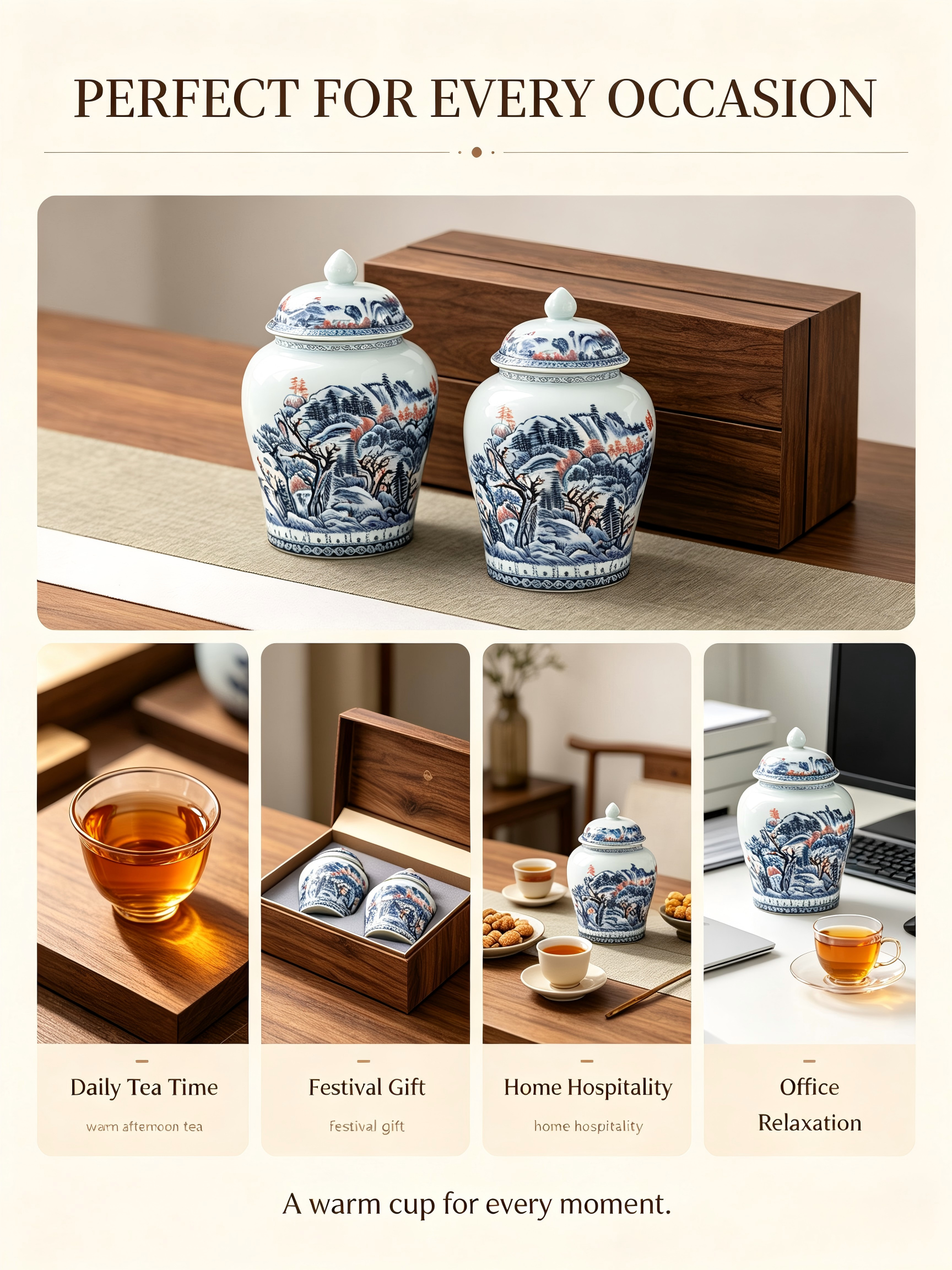 AuienTea Chinese Black Tea Gift Set, Double Blue‑White Porcelain Tea Caddies, Premium Wooden Gift Box, Ideal for Holiday & Business Gifting