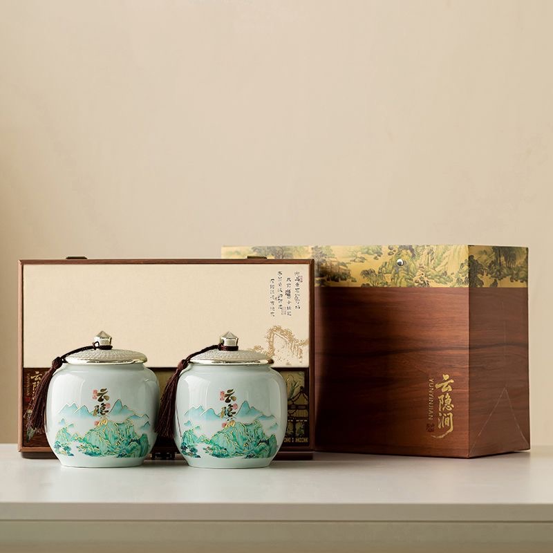 AuienTea Green Tea Gift Set Yun Yin Jian, Twin Landscape‑Painted Ceramic Caddies, Chinese‑Style Wooden Gift Box, Premium Tea for Holiday & Business Gifting