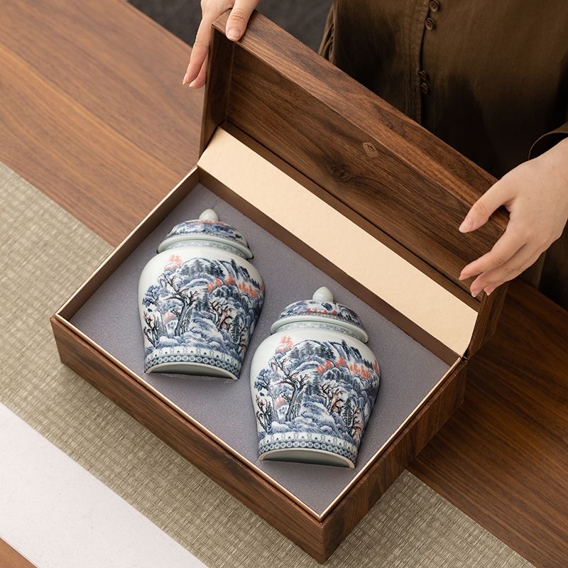 AuienTea Chinese Black Tea Gift Set, Double Blue‑White Porcelain Tea Caddies, Premium Wooden Gift Box, Ideal for Holiday & Business Gifting