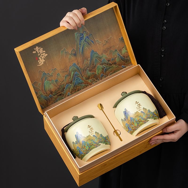 AuienTea Green Tea Gift Set Yun Yin Jian, Twin Landscape‑Painted Ceramic Caddies, Chinese‑Style Wooden Gift Box, Premium Tea for Holiday & Business Gifting