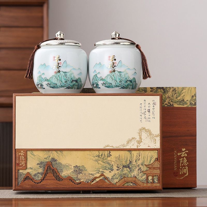 AuienTea Green Tea Gift Set Yun Yin Jian, Twin Landscape‑Painted Ceramic Caddies, Chinese‑Style Wooden Gift Box, Premium Tea for Holiday & Business Gifting