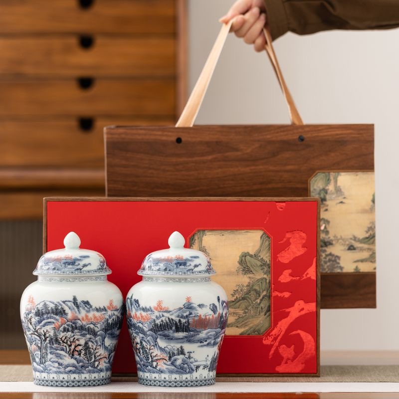 AuienTea Chinese Black Tea Gift Set, Double Blue‑White Porcelain Tea Caddies, Premium Wooden Gift Box, Ideal for Holiday & Business Gifting