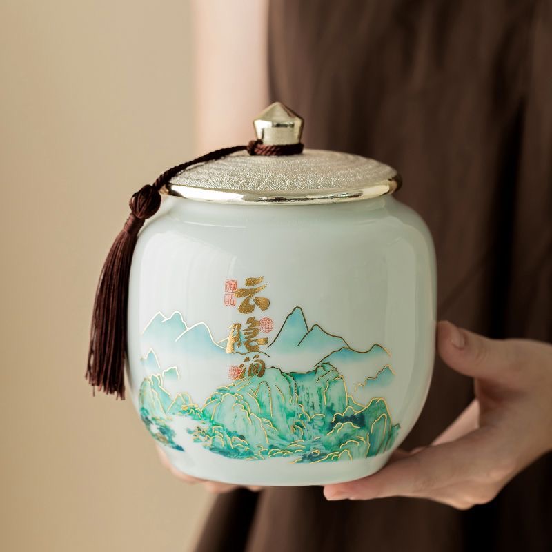 AuienTea Green Tea Gift Set Yun Yin Jian, Twin Landscape‑Painted Ceramic Caddies, Chinese‑Style Wooden Gift Box, Premium Tea for Holiday & Business Gifting