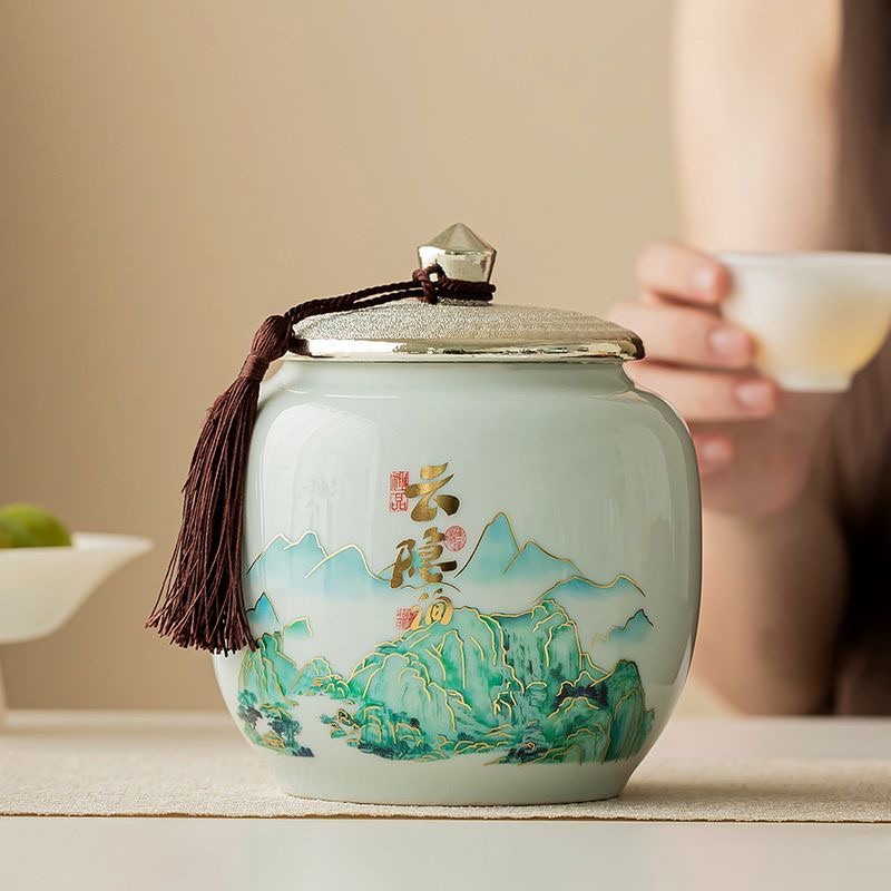 AuienTea Green Tea Gift Set Yun Yin Jian, Twin Landscape‑Painted Ceramic Caddies, Chinese‑Style Wooden Gift Box, Premium Tea for Holiday & Business Gifting