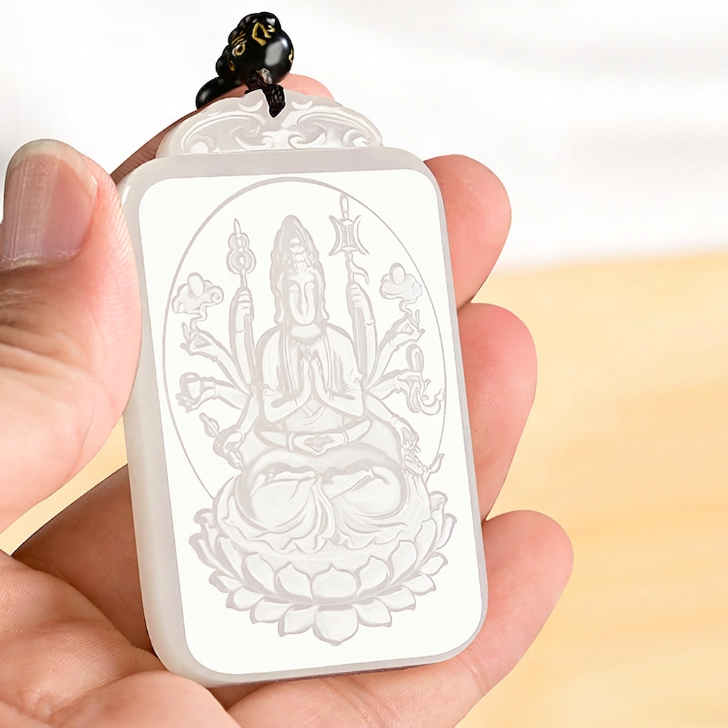 Natural White Hetian Jade Pendant Necklace, Hand-Carved Thousand-Hands Avalokitesvara Guanyin Amulet Jewelry Gift for Him