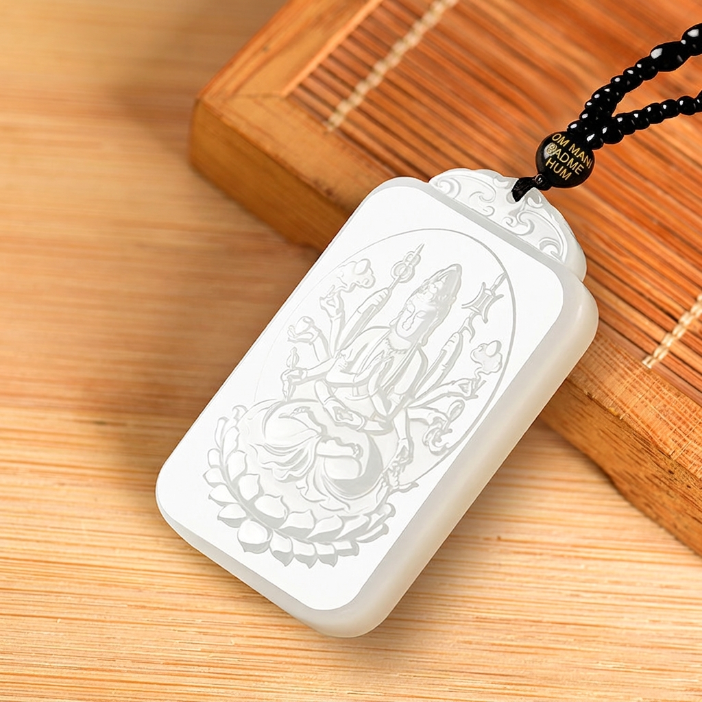 Natural White Hetian Jade Pendant Necklace, Hand-Carved Thousand-Hands Avalokitesvara Guanyin Amulet Jewelry Gift for Him