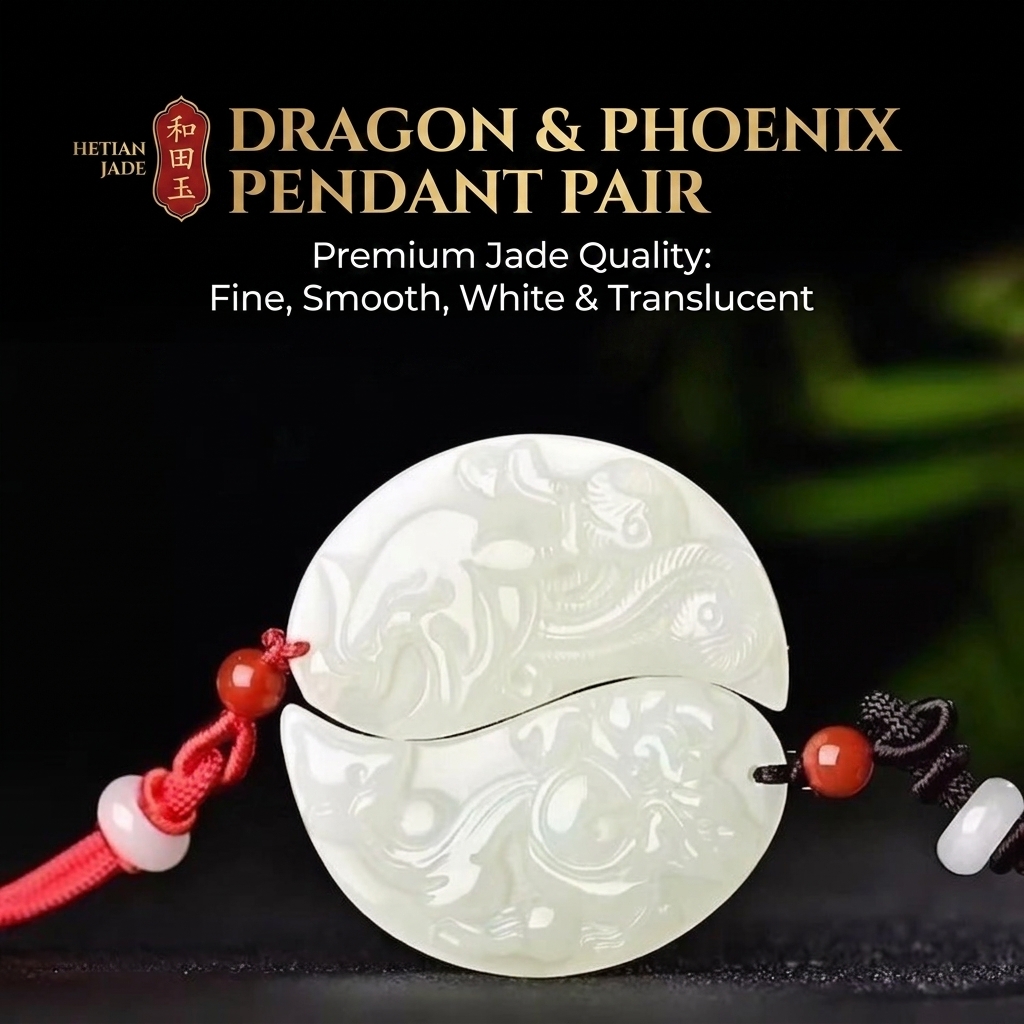 A perfect match, two hearts united: Hetian white jade dragon and phoenix couple pendants, tokens of love.