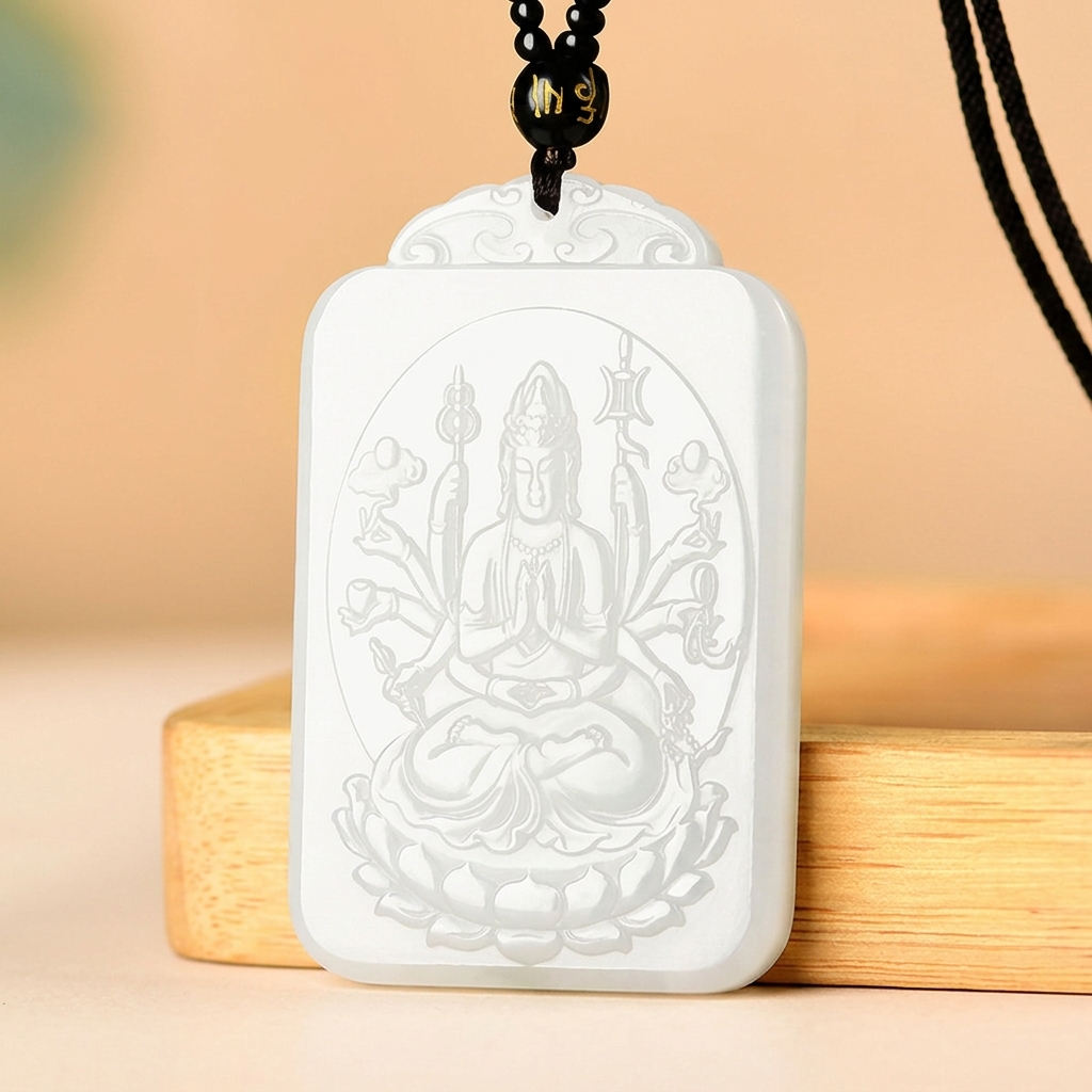 Natural White Hetian Jade Pendant Necklace, Hand-Carved Thousand-Hands Avalokitesvara Guanyin Amulet Jewelry Gift for Him