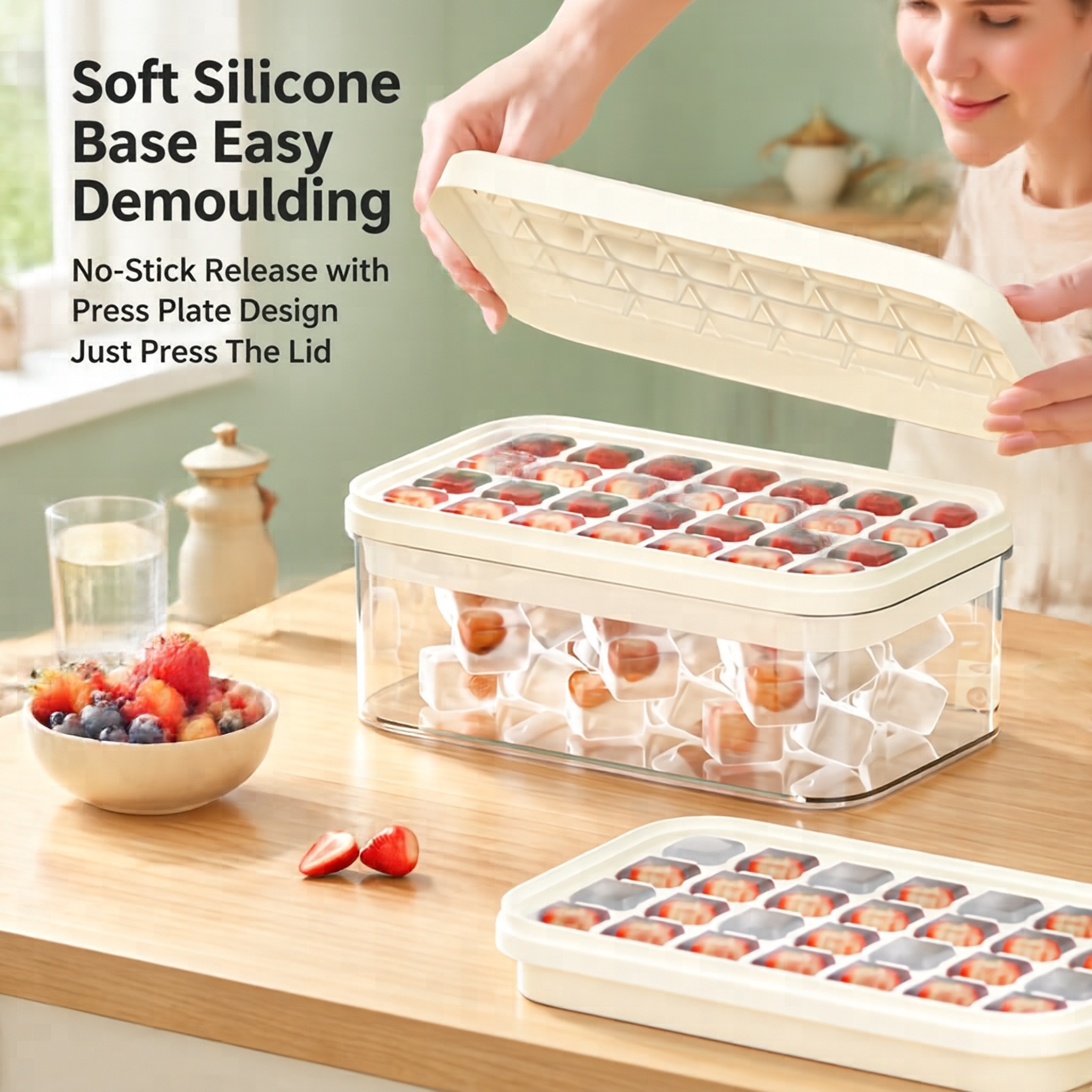 Press-type ice cube plastic mold, easy-release, large-capacity, food-grade storage mold for making ice cubes in the refrigerator
