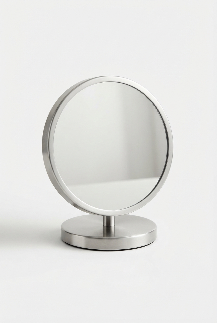 Round tabletop vanity mirror on off-white background