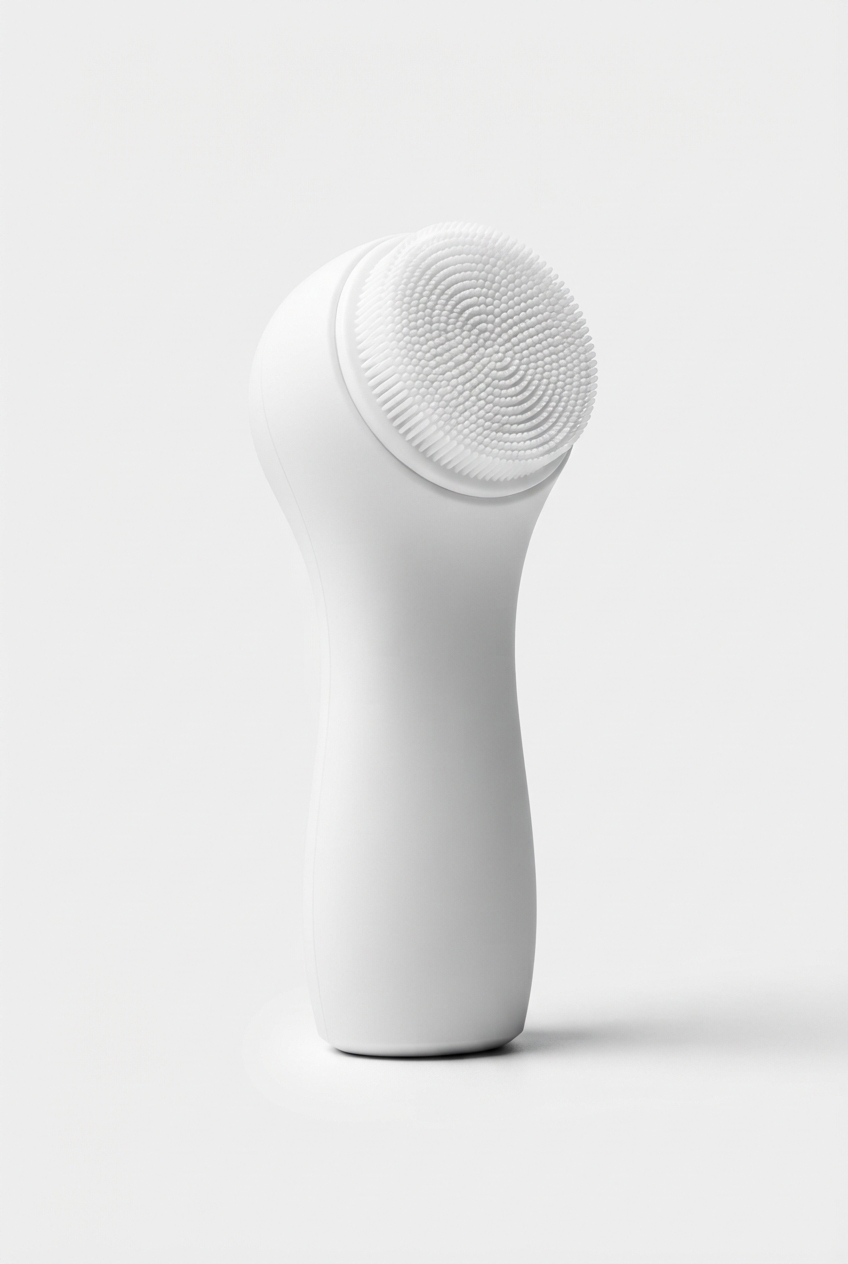 Soft facial cleansing brush on off-white background