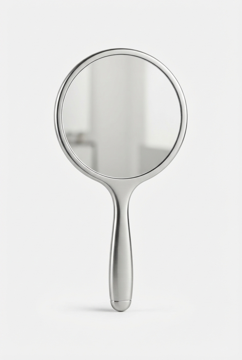 Minimal handheld vanity mirror on off-white background