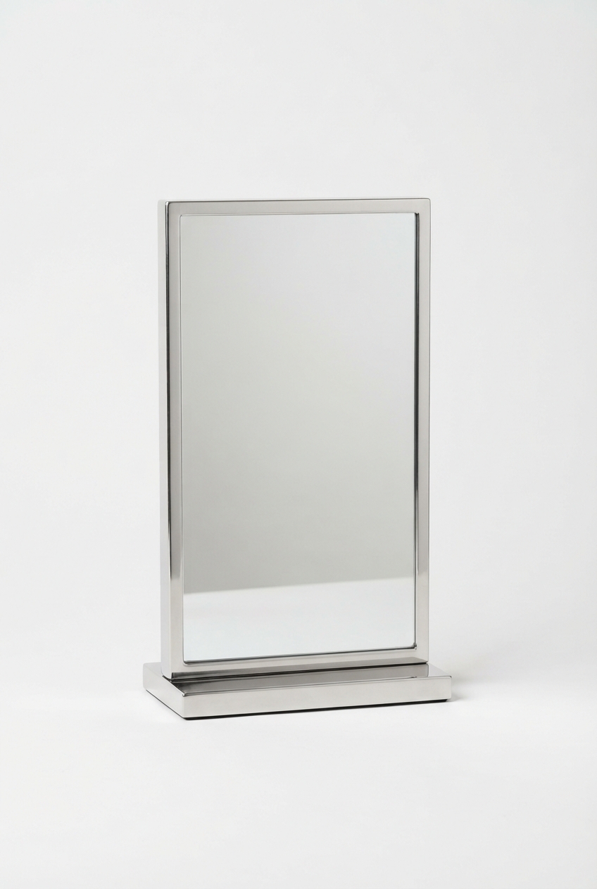Rectangular vanity mirror with stand on off-white background