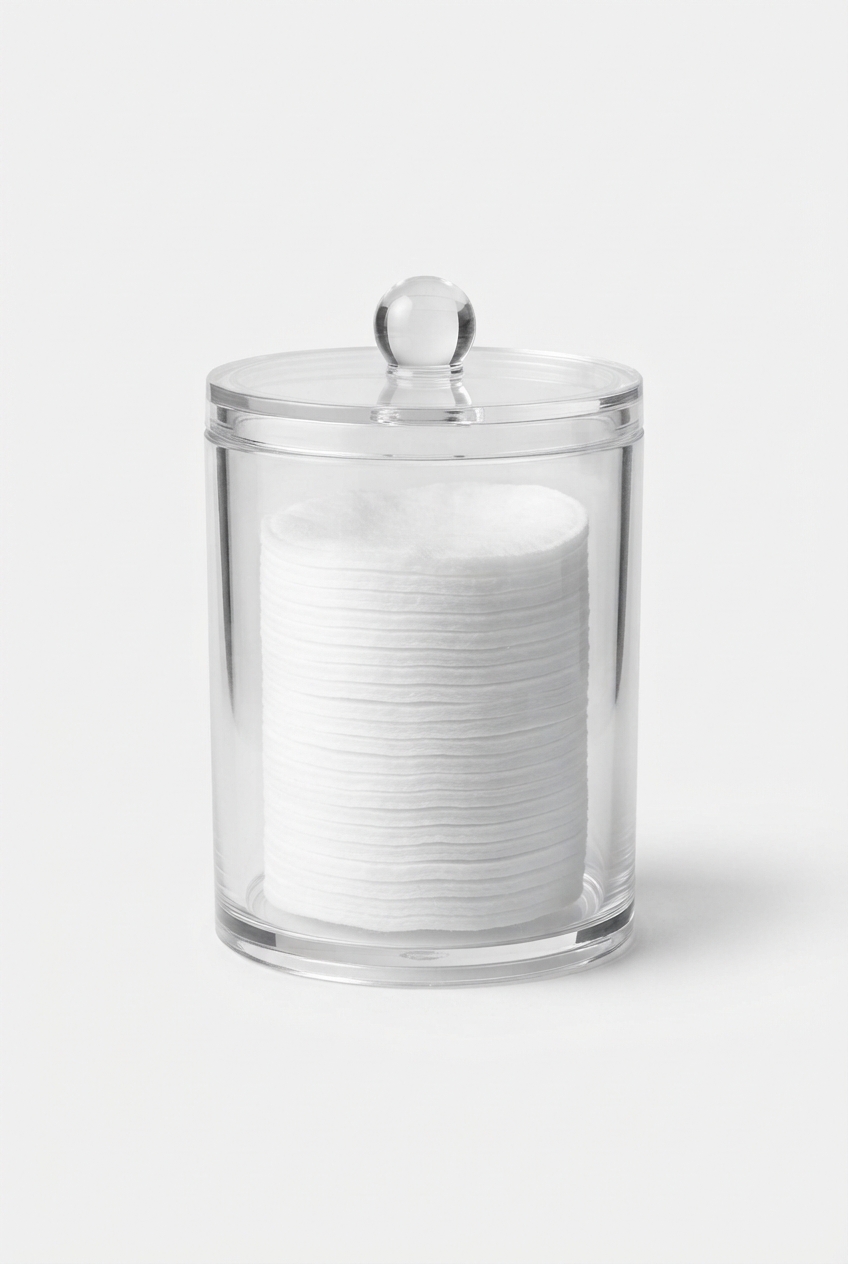 Minimal cotton pad storage jar on off-white background