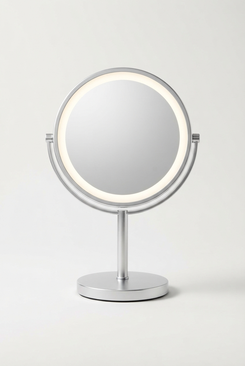 LED lighted vanity mirror on off-white background