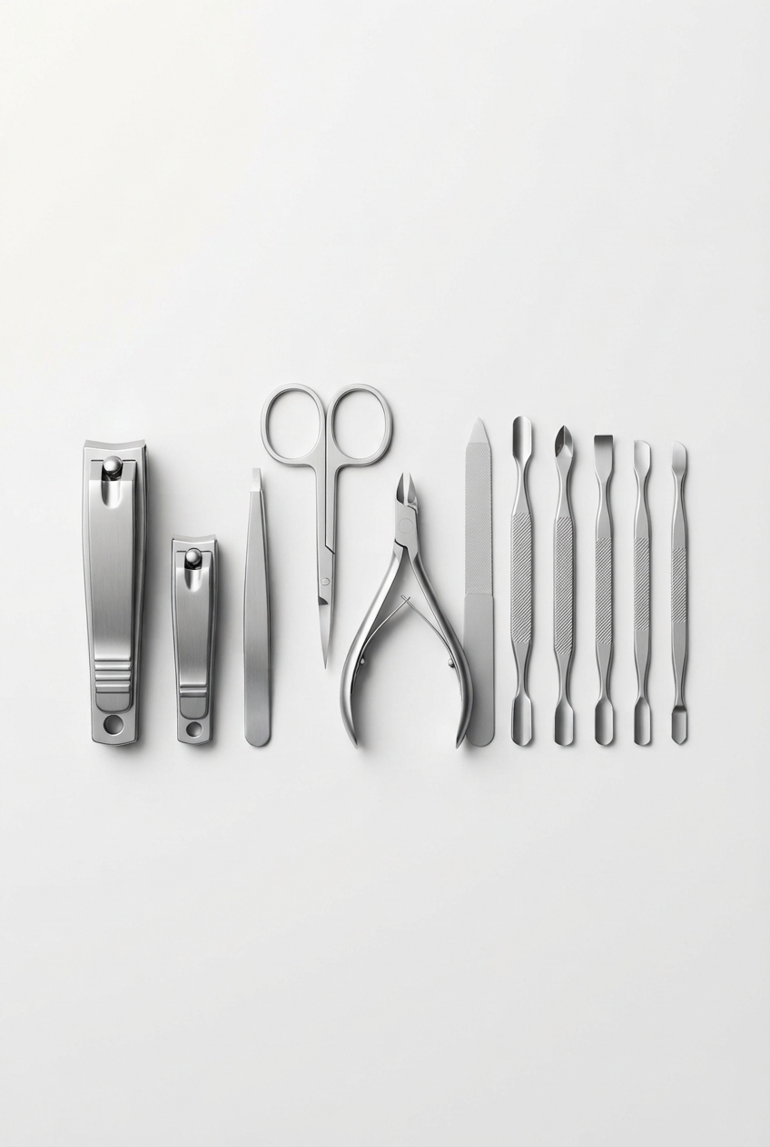 Minimal manicure tool set on off-white background